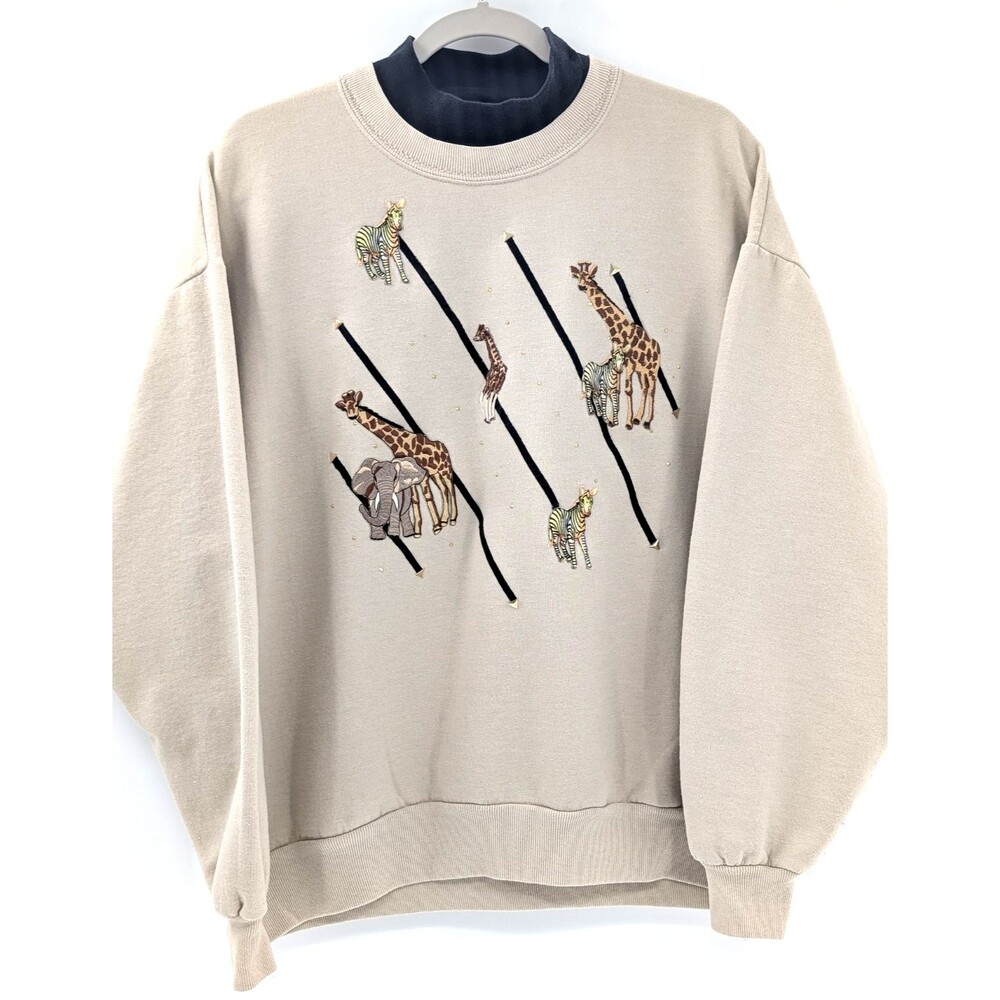 JERZEES Vintage Beige African Safari 90s Long Sleeve Sweatshirt Giraffe Large